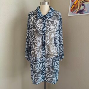 Venezia Womens Gray Black Rose Floral Sheer Button Front Tunic Blouse Grunge Top